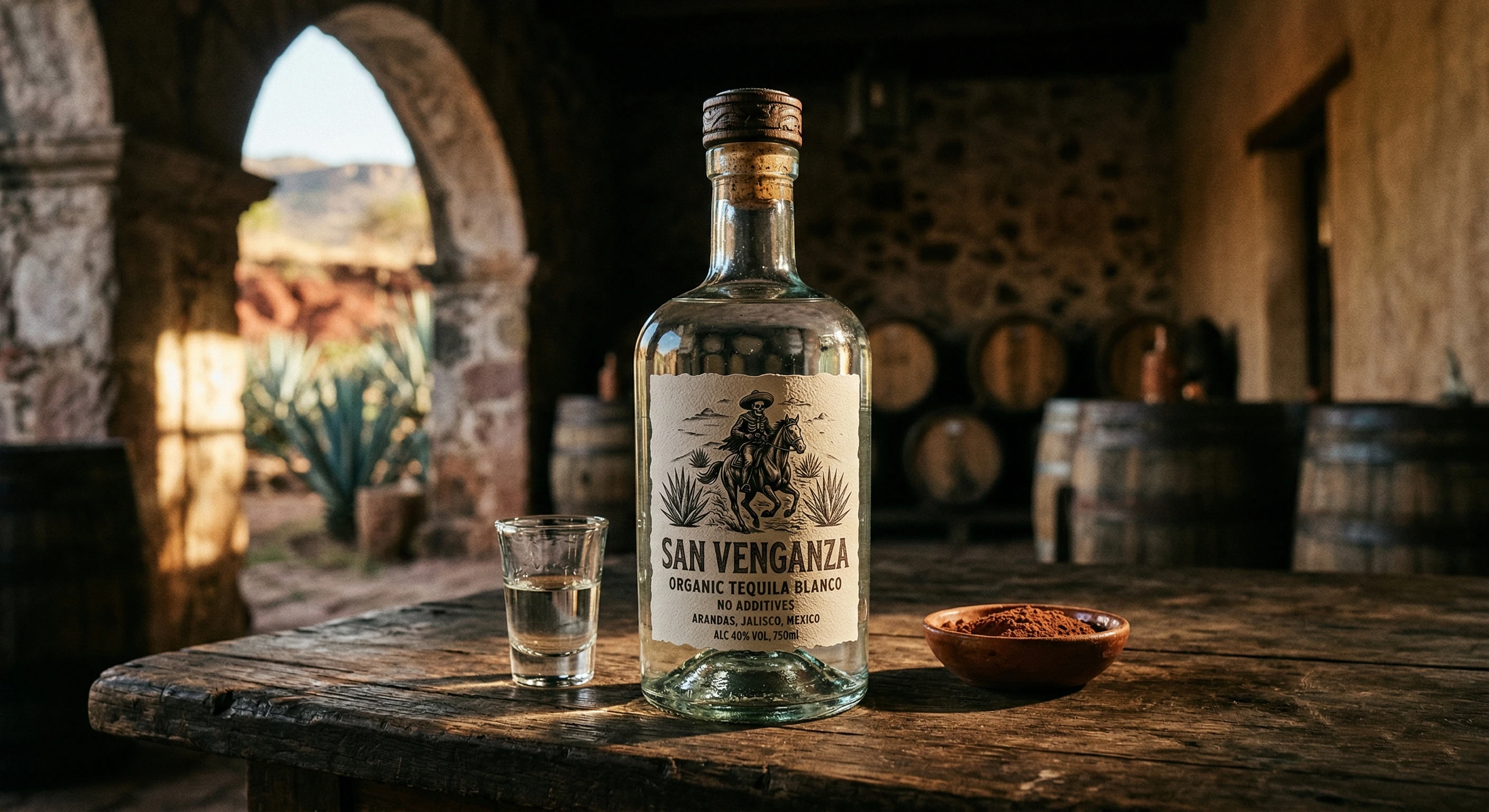 San Venganza Blanco — crystal clear, unaged organic tequila in a premium heavy glass bottle