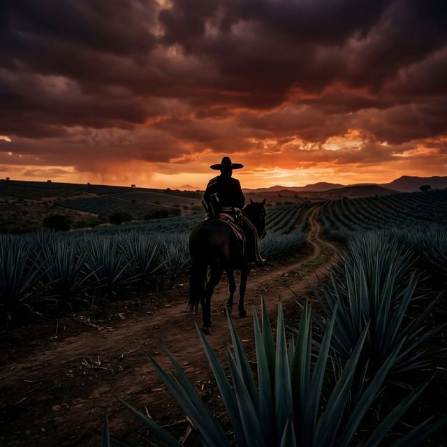 A lone Mexican rider on horseback silhouetted against a crimson sunset, surrounded by agave fields in Los Altos de Jalisco — the origin of San Venganza tequila