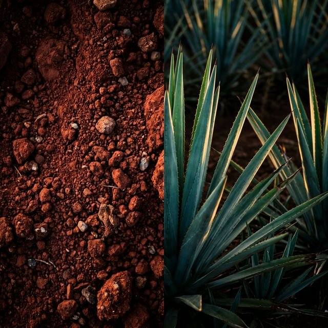 Split composition: the deep red volcanic clay soil of Los Altos de Jalisco on the left, and towering organic Blue Weber agave plants on the right — the two pillars of San Venganza tequila